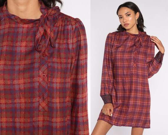 80s Mini Dress Red Brown Plaid Dress Long Puff Sleeve Dress Ascot Necktie Dress Button Up 1980s Vintage Shift Retro Medium