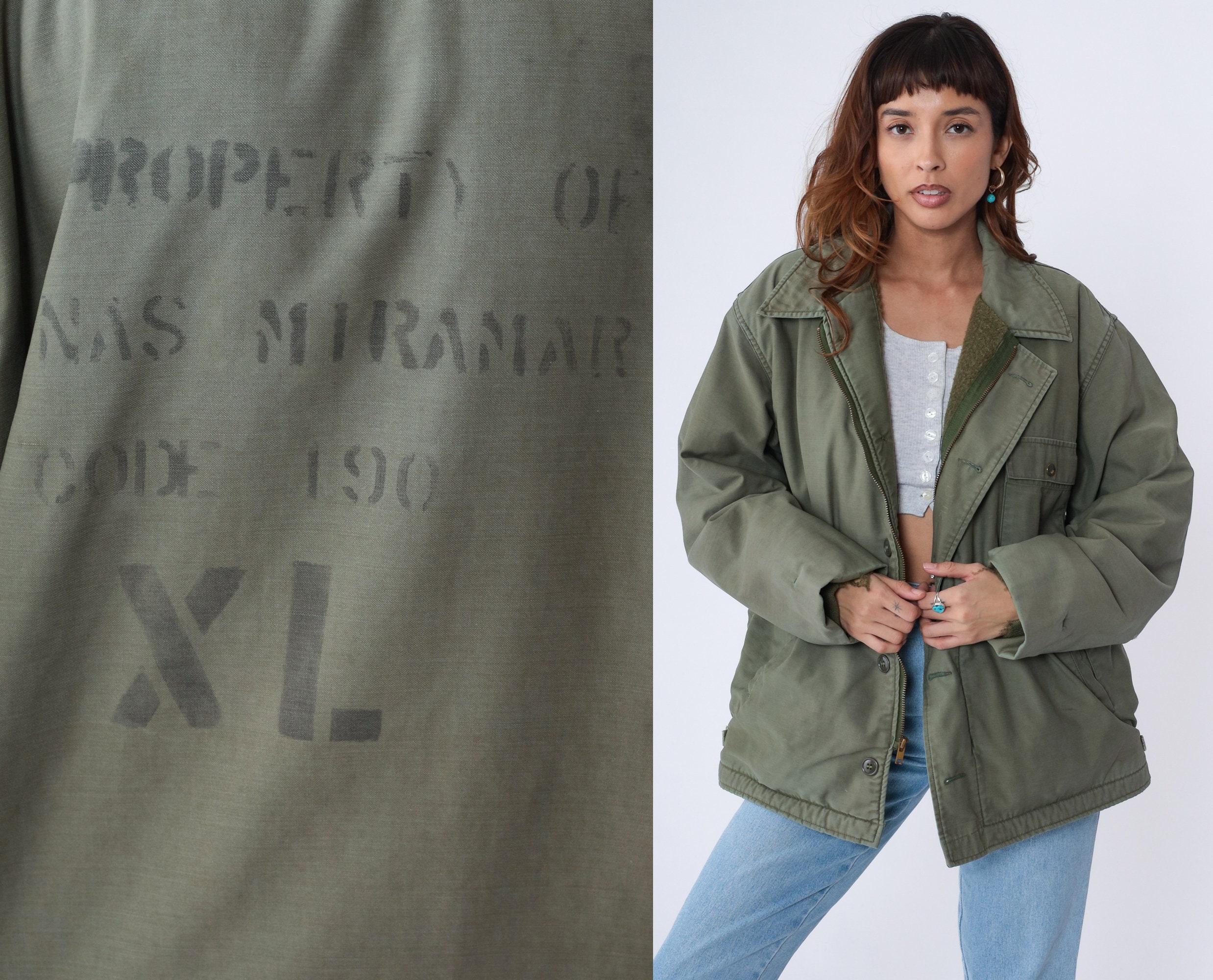 Green Army Jacket 70s NAS Miramar Fleece Lined Military Jacket