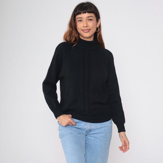 Black Mock Neck Sweater 90s Merino Wool Liz Claiborne Cable Knit Front Panel Long Sleeve Pullover Minimalist Classic Soft Vintage Small S