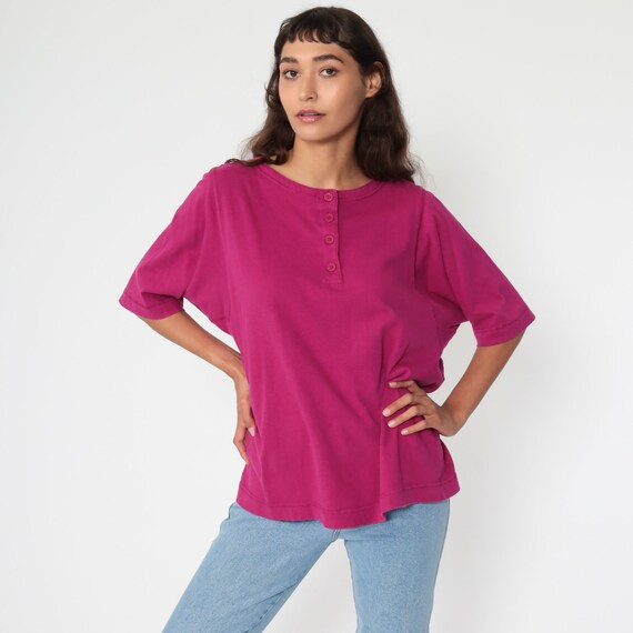 Pink Polo Shirt 80s Plain Tshirt Deep Pink Retro Half Button Up Collarless T Shirt 90s Vintage Short Sleeve Large