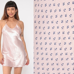 90s Floral Slip Dress Baby Pink Satin Chemise Spaghetti Strap Lingerie Vintage V Neck Lingerie Side Slit Nightgown Mini Sleep Small