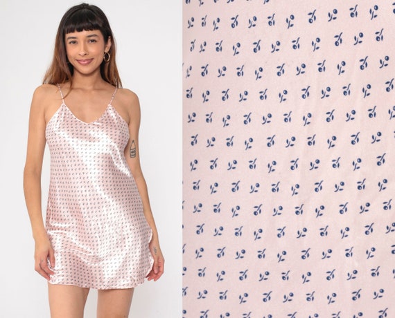 90s Floral Slip Dress Baby Pink Satin Chemise Spaghetti Strap Lingerie Vintage V Neck Lingerie Side Slit Nightgown Mini Sleep Small