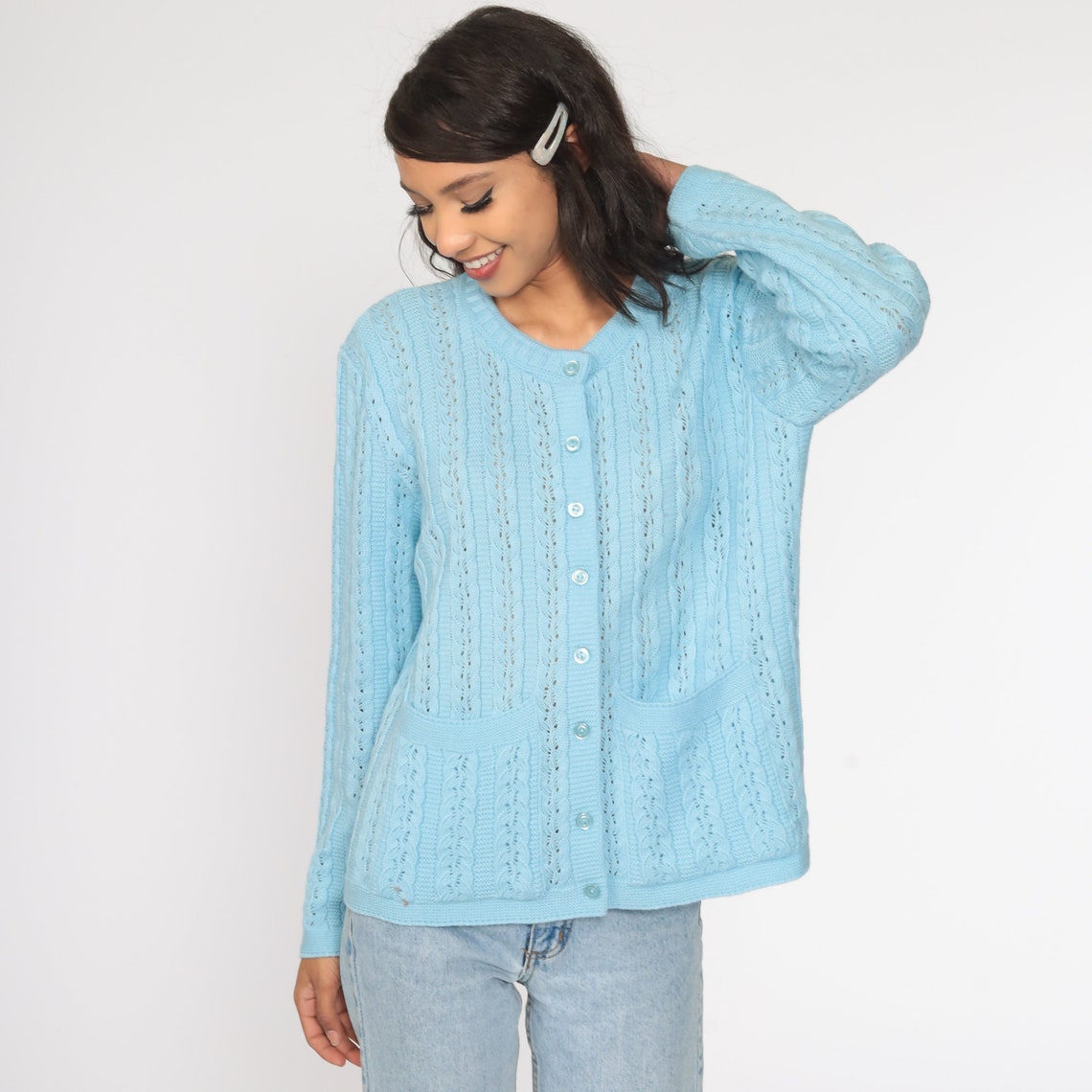 70s Baby Blue Cardigan Sweater Grandma Open Weave Cable Knit Etsy