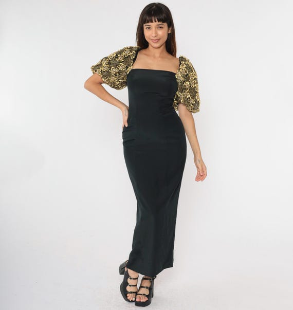 Vintage Black Formal Gown Gold Beaded Dress Floral Puff Sleeve Maxi 80s 90s Evening Bow Embellished Prom Dress Metallic Glam Formal Small