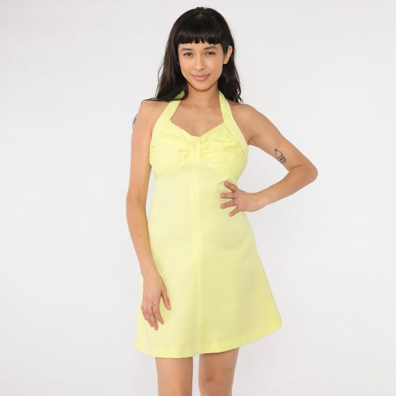Vintage Halter Neck Dress 70s Yellow Mini Empire Waist Disco Dress Party Hippie Boho Sun Dress Plain Summer Small S