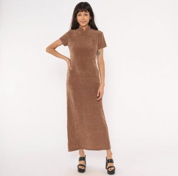 90s Glitter Velvet Maxi Dress Mocha Brown Mock Neck Mandarin Collar Body Con Shimmer Sparkle Tan Prom Formal Fitted Evening Party Small S