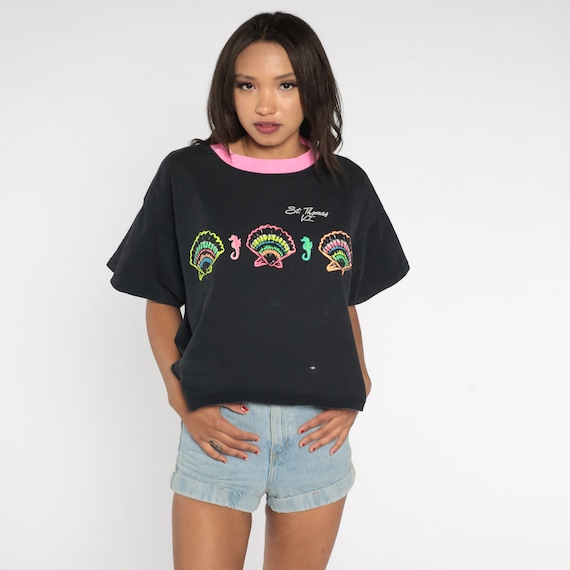 St Thomas Shirt 90s Virgin Islands Crop Top Boxy Cropped T-Shirt Seashell Seahorse Graphic Tee Black Neon Pink Vintage 1990s Medium Large