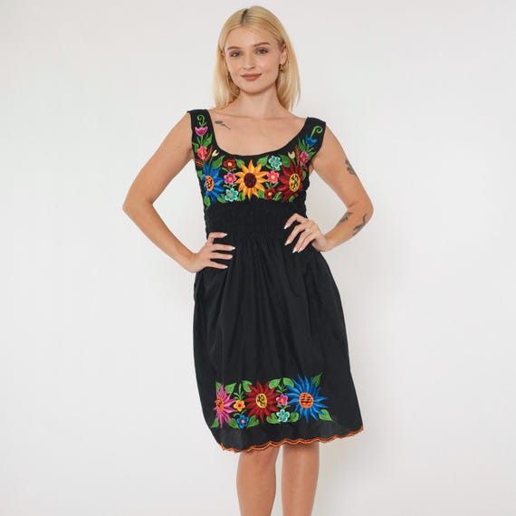 Vintage Smocked Floral Dress 90s Black Embroidered Mini Dress Fit and Flare Boho Hippie Summer Sleeveless Sundress 1990s Small Medium