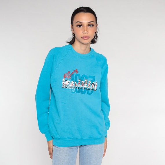 1993 Yukon Quest Sweatshirt 90s Dogsled Race Shirt Husky Sled Graphic Sweater Fairbanks Alaska Whitehorse Blue Raglan Vintage 1990s Medium
