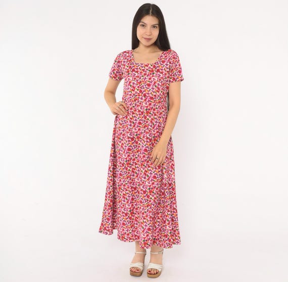 90s Floral Maxi Dress Pink Purple Cotton Scoop Neck Short Sleeve A Line Prairie Cottagecore Garden Party Summer Flower Print Vintage Small S