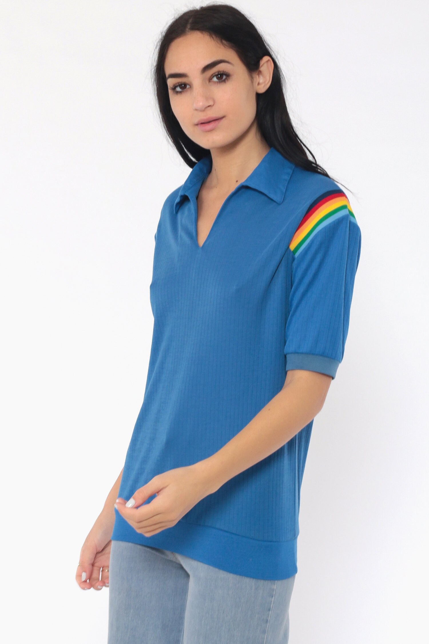 women rainbow striped shirt