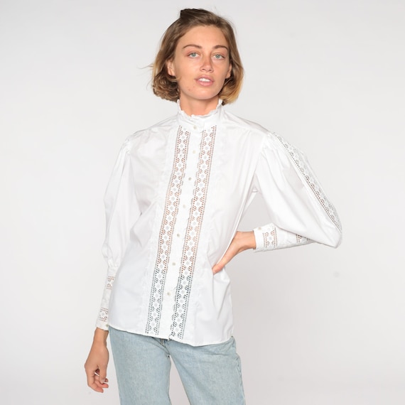 White Prairie Blouse Puff Sleeve Shirt Lace Top B… - image 2