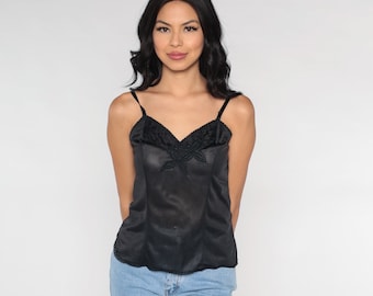 Black Cami Lingerie Top 70s Camisole Lace Trim Nylon Floral Tank Top Sleeveless Shirt Sexy Blouse Vintage 1970s Small S
