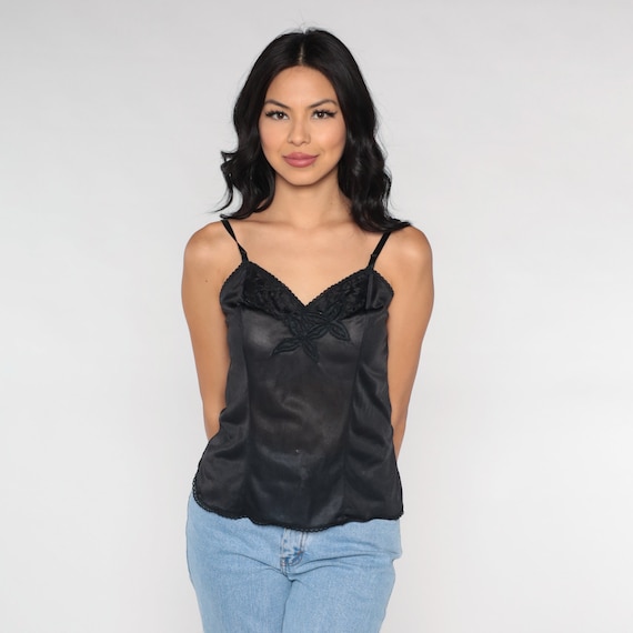 Black Cami Lingerie Top 70s Camisole Lace Trim Nylon Floral Tank Top Sleeveless Shirt Sexy Blouse Vintage 1970s Small S