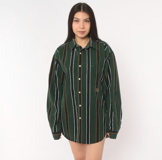 Tommy Hilfiger Striped Shirt 90s Forest Green Black White Gold Vertical Stripe Cotton Crest Logo Pocket Preppy Long Sleeve Top Large L