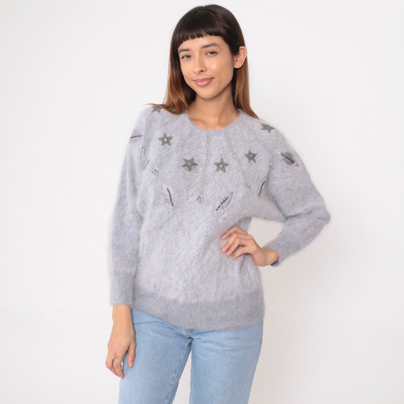 Beaded Star Sweater 80s Fuzzy Muted Periwinkle Knit Pullover Sweater Dolman Sleeve Jumper Mohair Blend Retro Leaf Vintage 1980s Medium M