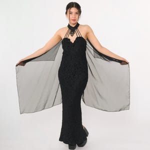 Vintage Black Lace Halter Dress 90s Evening Gown Beaded Sequin Choker Neck Bodycon Sweetheart Maxi 1990s Formal Gown Back Train Medium 7/8