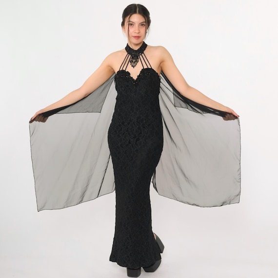 Vintage Black Lace Halter Dress 90s Evening Gown Beaded Sequin Choker Neck Bodycon Sweetheart Maxi 1990s Formal Gown Back Train Medium 7/8