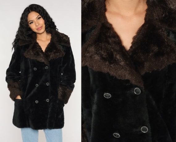 ジャケット・アウター 60s~70s Vintage Fakefar Coat VINTAGE 60s 70s Black LEATHER Fluffy Soft Arctic Real Fox FUR