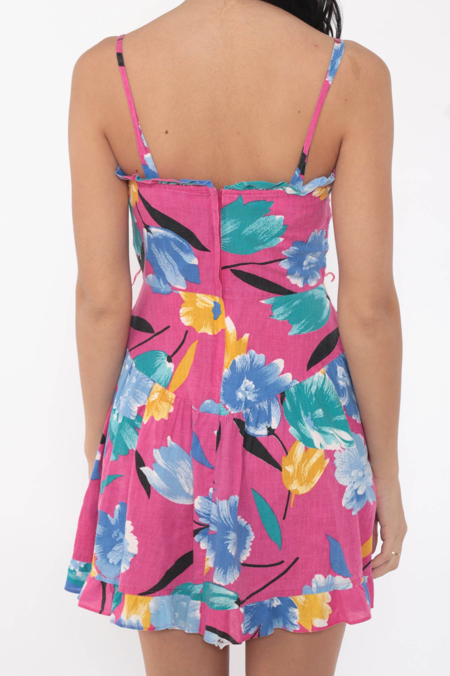 Tropical Sun Dress Mini Pink Floral Print 80s High Waist Sundress