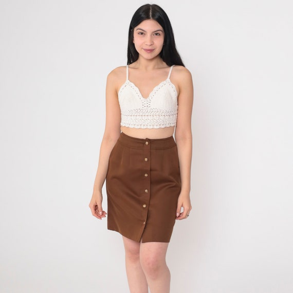 Brown Mini Skirt 80s Exposed Button Up Skirt High Waisted Pleated Retro Basic Plain Simple Minimalist Summer Vintage 1980s Extra Small xs
