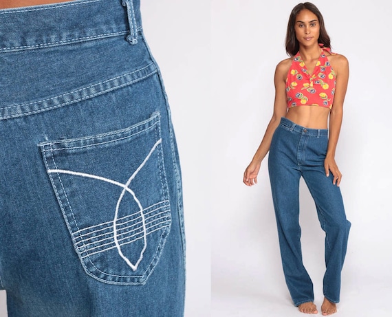 High Waisted Jeans 70s Denim Pants Straight Leg Bohemian Blue Jeans 80s Vintage Wide Leg Jeans Hipster Boho Hippie Extra Small xs 2 26