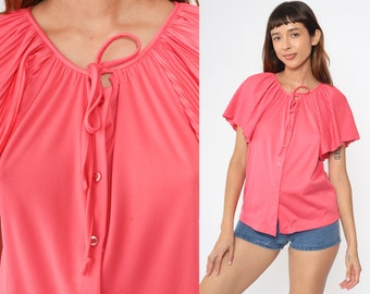 Pink Pleated Blouse 70s Button Up Top Short Flutter Sleeve Shirt Tie Neck Party Top Boho Hippie Vintage 1970s Medium M