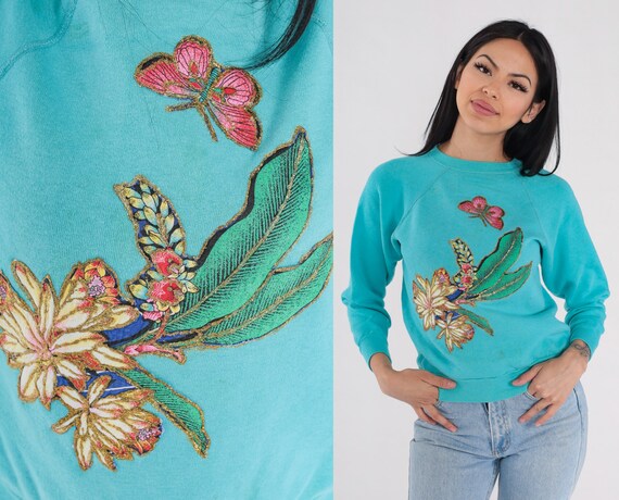 Glitter Floral Sweatshirt 90s Butterfly Flower Print Sweater Retro Sparkly Graphic Turquoise Blue Shirt Raglan Sleeve Vintage 1990s XS