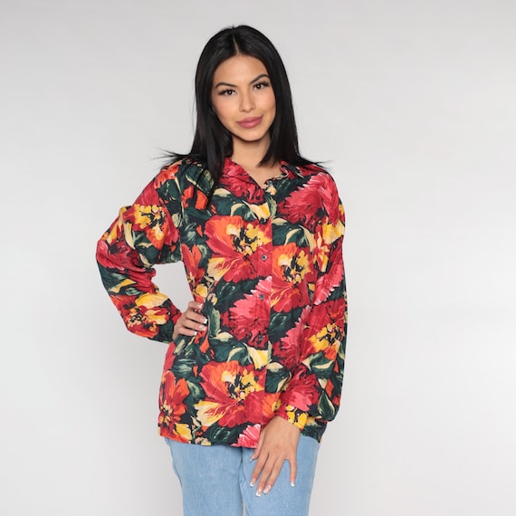 Silk Floral Blouse 90s Boho Top Button Up Shirt Retro Long Sleeve Poppy Flower Print Hippie Bohemian Red Green Orange 1990s Vintage Medium M