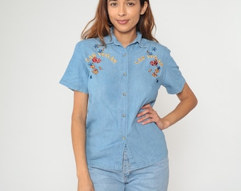 Y2K Las Vegas Top Embroidered Denim Casino Dice Short Sleeve Cotton Button Front Vintage Novelty Shirt Gambling Theme Bay Beauty Small S 4