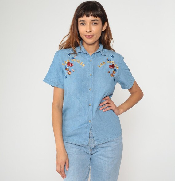 Y2K Las Vegas Top Embroidered Denim Casino Dice Short Sleeve Cotton Button Front Vintage Novelty Shirt Gambling Theme Bay Beauty Small S 4