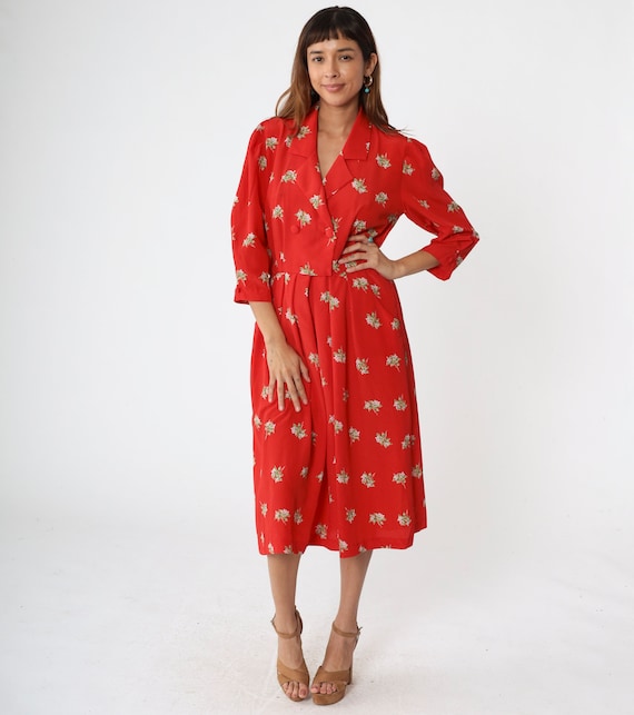 80s Floral Dress Red Midi Pleated Flower Print Boho Button Up Wrap Dress Secretary Pocket Vintage 1980s High Waist 3/4 Puff Sleeve Medium 8