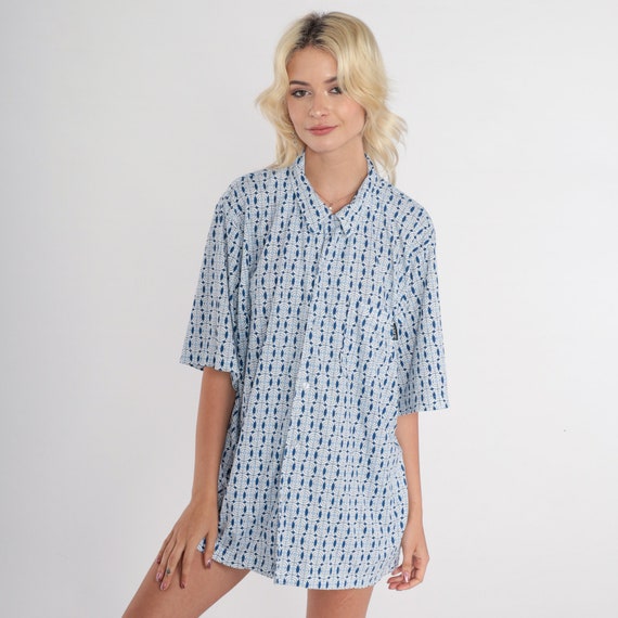 Geometric Shirt 90s Button up Shirt Blue White Abstract Circle Target Print Short Sleeve Collared Streetwear Vintage 1990s Extra Large xl