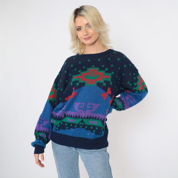 Vintage 80s Geometric Sweater Southwester Navy Blue Slouchy Abstract Red Green 1980s Pullover Acrylic Knit Sweater Medium