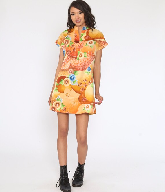 70s Boho Dress MANDARIN COLLAR Orange Floral Shif… - image 2