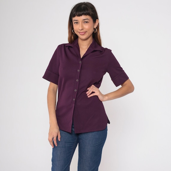 70s Purple Blouse Button Up Shirt Retro Boho Collared Top Plain Simple Preppy Minimal Short Sleeve Vintage 1970s Graff Small