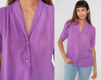 Purple Blouse 80s Puff Sleeve Top Semi-Sheer Pleated Button up Shirt Simple Plain Secretary Collared V Neck Preppy Chic Vintage 1980s Large