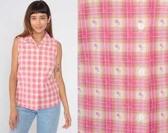 Plaid Floral Tank Top 90s Pink Blouse Button Up Shirt Checkered Flower Print Sleeveless Collared Boho White Yellow Green Vintage 1990s Small