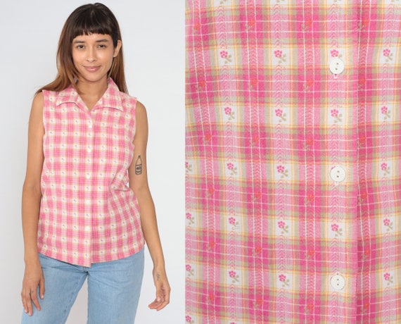Plaid Floral Tank Top 90s Pink Blouse Button Up Shirt Checkered Flower Print Sleeveless Collared Boho White Yellow Green Vintage 1990s Small