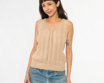 Knit Sweater Tank 90s Cream V Neck Cable Pointelle Cropped Fitted Beige Neutral Vintage Clean Girl Aesthetic Summer Spring Medium M