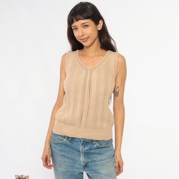 Knit Sweater Tank 90s Cream V Neck Cable Pointelle Cropped Fitted Beige Neutral Vintage Clean Girl Aesthetic Summer Spring Medium M