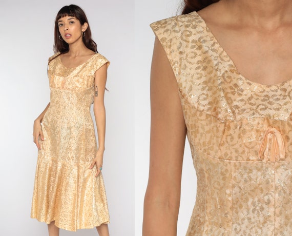 60s Lace Dress Gold Cocktail Midi 1960s Party Formal Peach Shift Vintage Empire Waist Flounce Mad Men Sleeveless Evening Dress Medium Large
