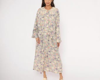 Vestido largo con cuello de encaje y estampado floral de los 90, con cinturón, color morado, rosa, estilo campestre, crema, verde, ideal para fiestas en el jardín. Tallas grandes: extragrande y XXL.