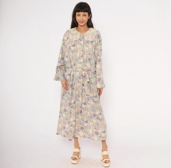 Lace Collar Floral Dress 90s Belted Maxi Purple Pink Rose Prairie Cottagecore Cream Green Garden Party Midi Plus Size Extra Extra Large XXL