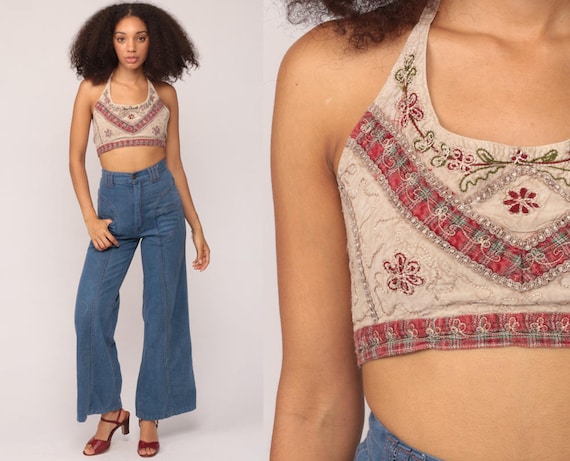 Ethnic Blouse 90s Crop Top Summer Shirt EMBROIDERED Tank Top Vintage Boho Halter Neck Backless Bohemian Hippie Taupe Grey Small Medium