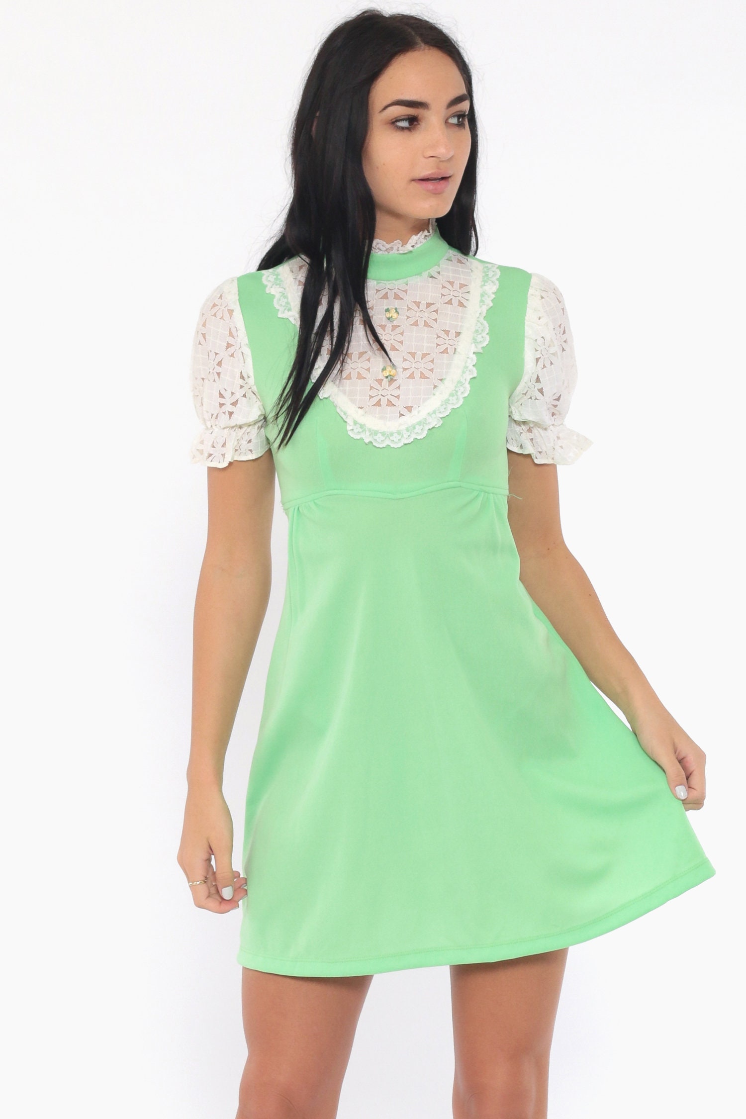 Lace Babydoll Dress 70s Mini Lace BIB Puff Sleeve Green 60s Mod Party