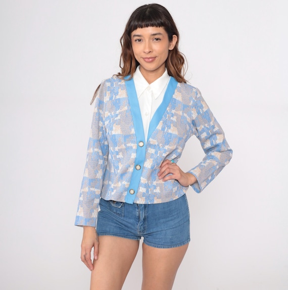 70s Preppy Cardigan Geometric Abstract Print Blue Cream White Cloud Pattern V Neck Vintage Jacket Multicolor Cropped Office Blazer Medium M