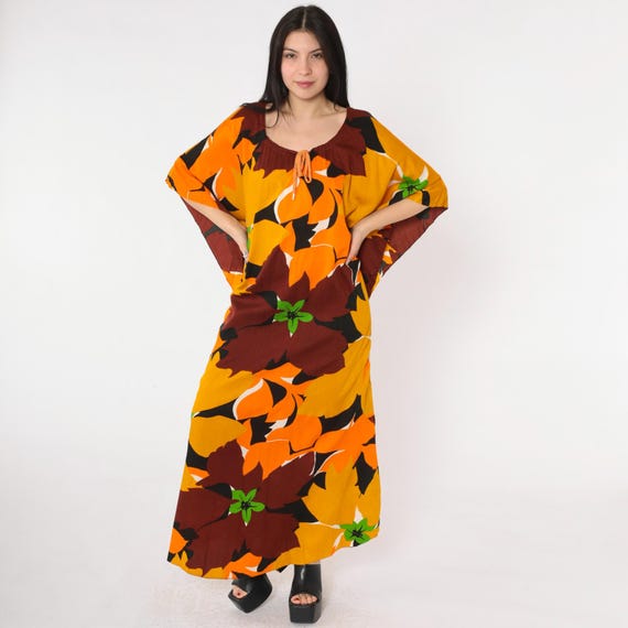 Vintage Hawaiian Caftan Dress 70s Boho Floral Maxi Hippie Bohemian 1970s Long Tent Kimono Mustard Yellow Orange Mumu Small Medium Large xs