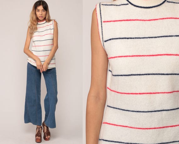 Knit Tank Top 70s Striped Shirt Sleeveless Sweater Mod Retro 1970s Red White Blue Vintage Small Medium
