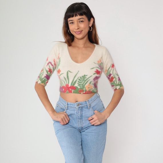Floral Crop Top Y2K Flowers Cream V-Neck Short Sleeve Vintage Angor Fitted Romantic Garden Fairy Coquette Sheer Feminine Extra Small XS
